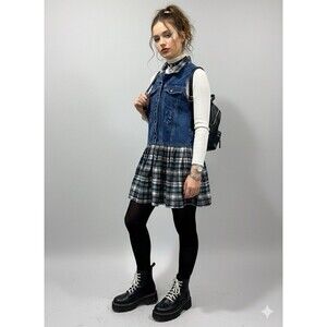 VTG 90s Y2K In Design Denim Vest Plaid Drop Waist Dress Sleeveless Cotton Size M